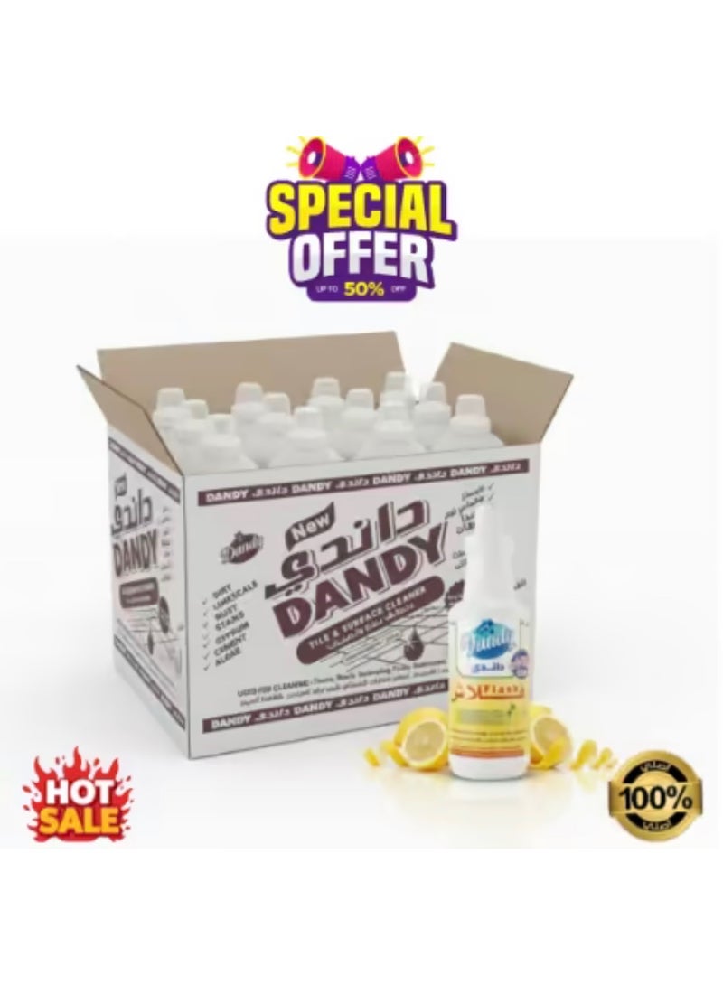 A carton of Flash Dandy disinfectant and cleaner with full protection, featuring a pleasant lemon scent. Smoke-free and free of unpleasant odors, made in Saudi Arabia